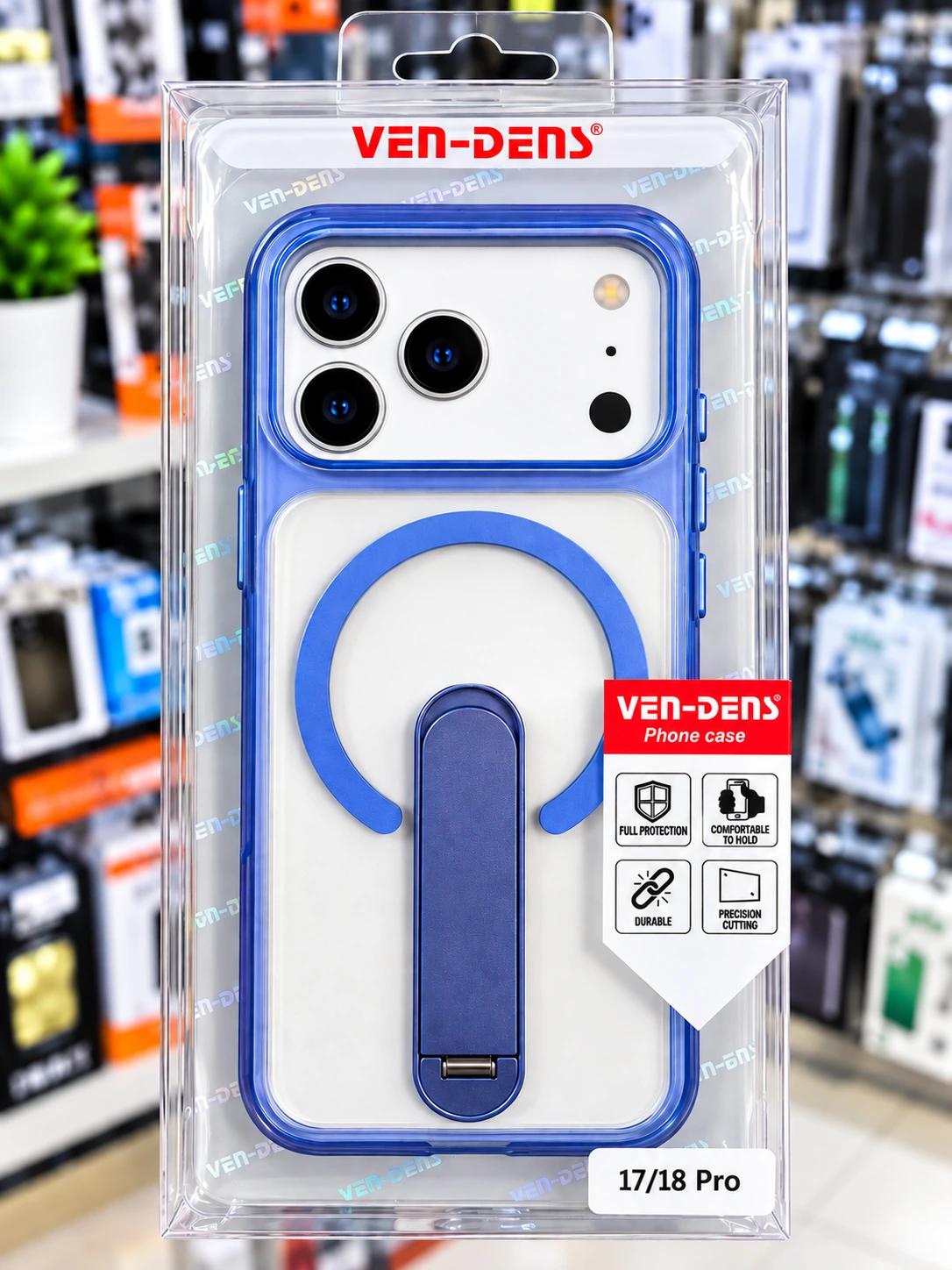 VEN-DENS Magnetic Kickstand iPhone Case – Blue & Clear | Camera Protection