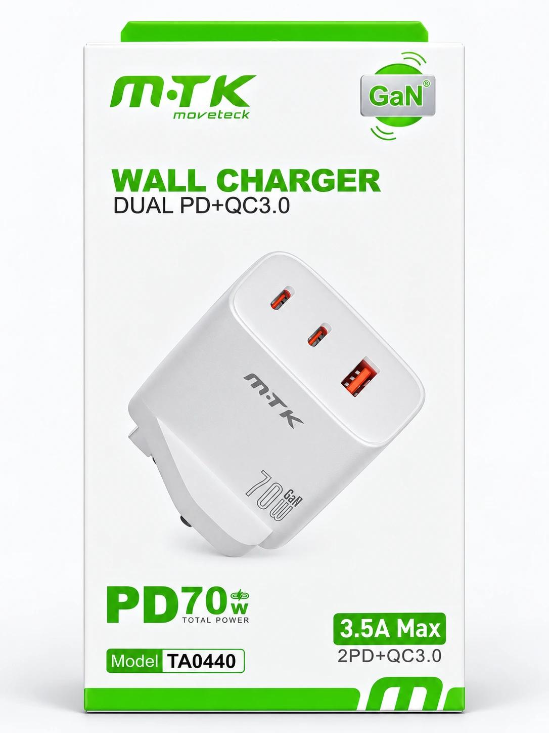 M.TK Moveteck 70W GaN Wall Charger – Dual USB-C PD + USB-A QC3.0 | Model TA0440