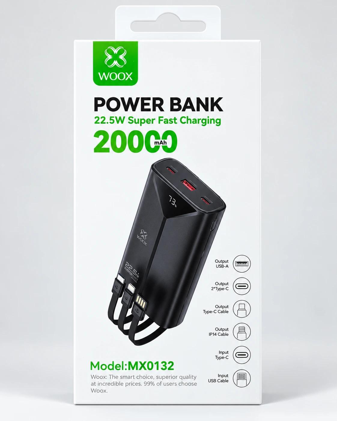 WOOX 20,000mAh 22.5W Super Fast Charging Power Bank with Built-in Cables – MX0132